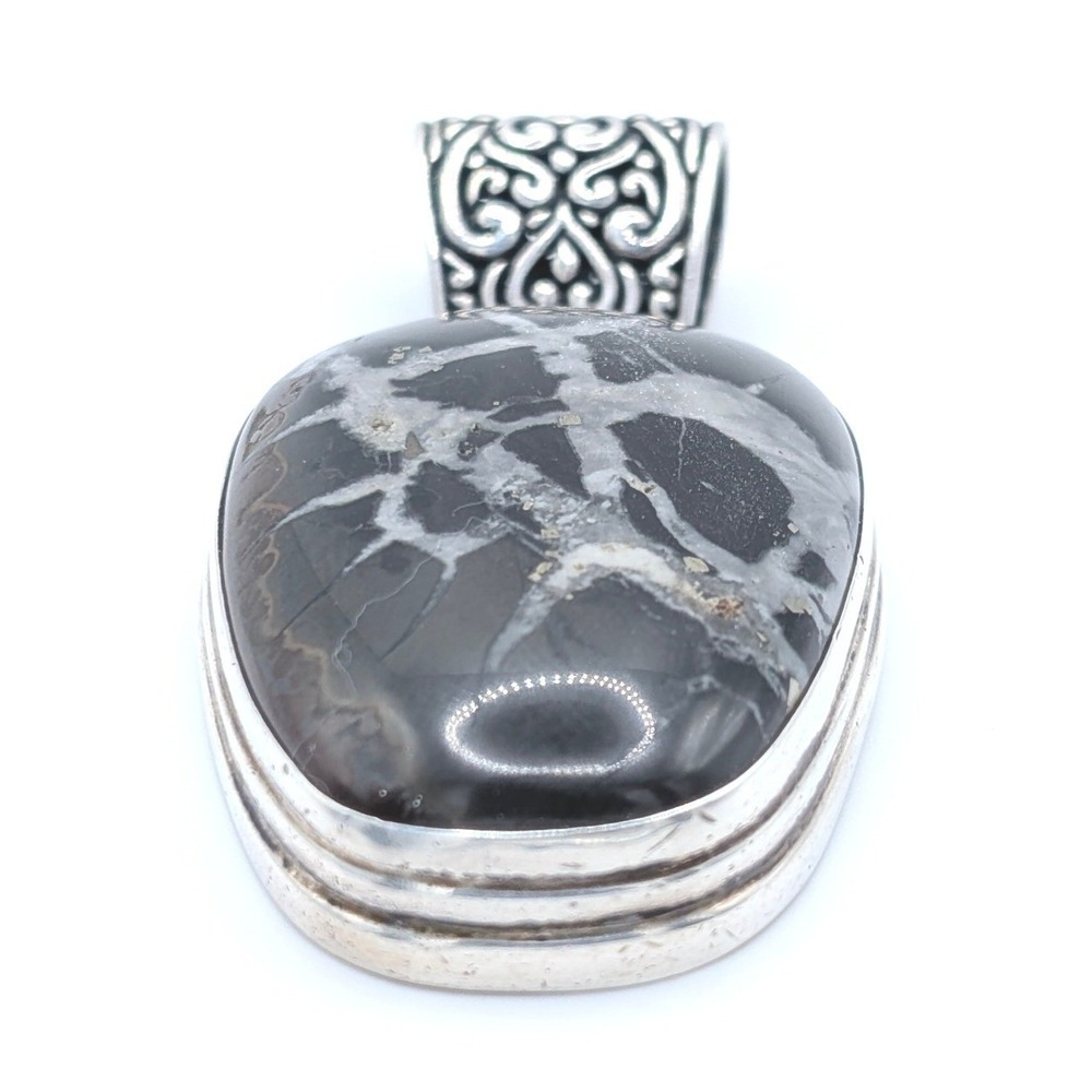 Sarda 925 Sterling Silver Septarian Dragon Stone Pendant Balinese Scroll Bail